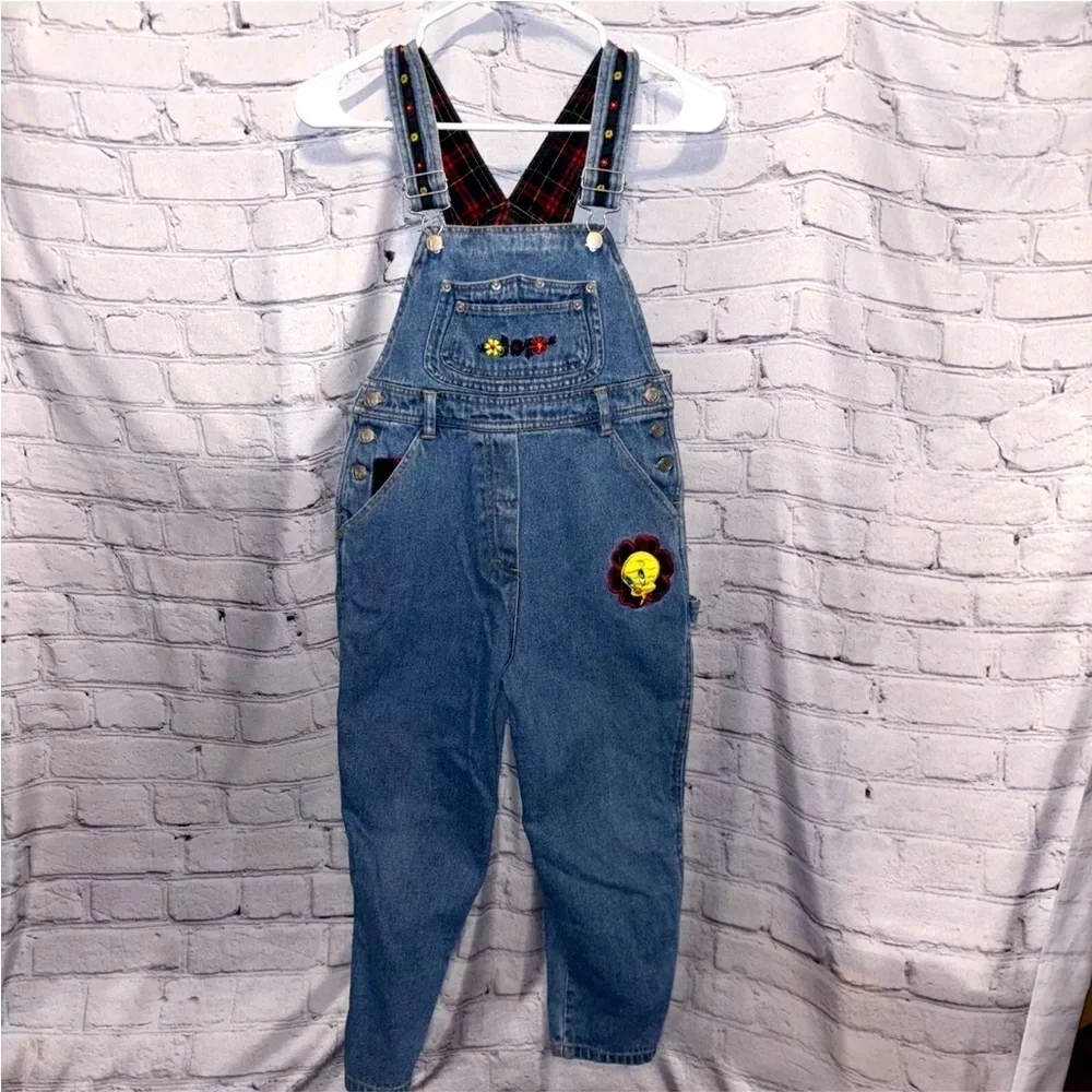 Warner Bros Looney Tunes Kids Tweety Bird Denim Jean Overalls Sz 10 Adj Straps - Picture 1 of 6